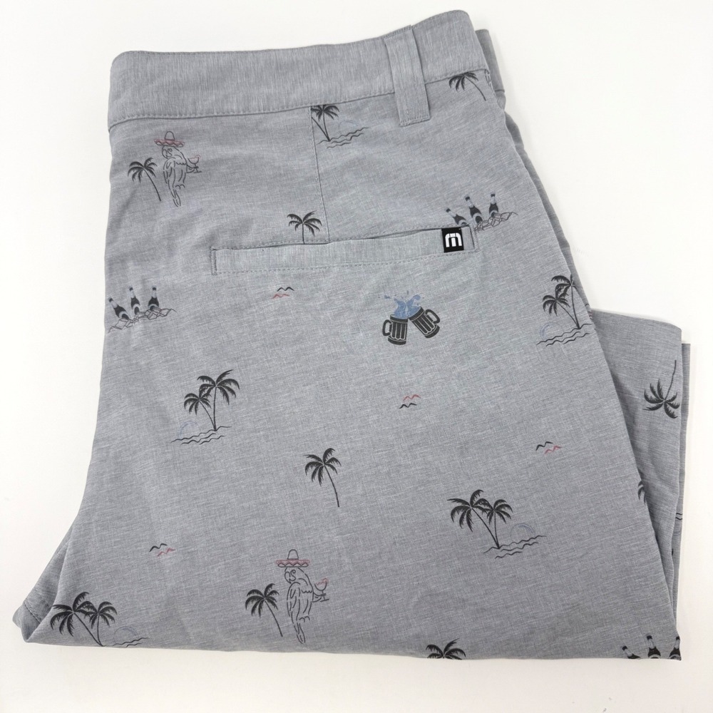 Travis Mathew Mens 32 Gray AOP Tropical Palm Tree Parrot Beer Golf Shorts